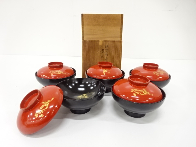 漆塗り　松喰い鶴　蒔絵　吸い物椀　5客揃